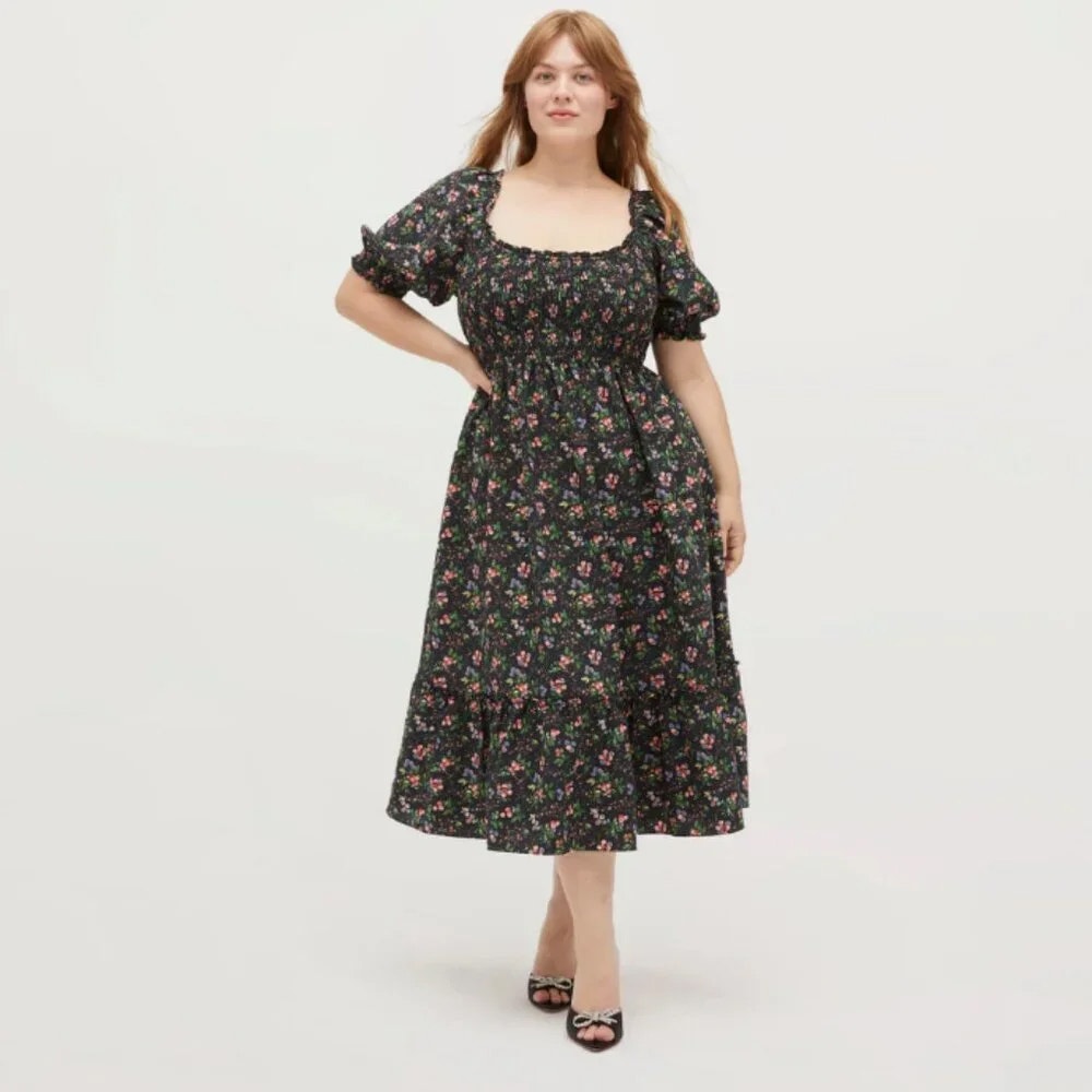 Hill House The Louisa Nap Dress Berry Crepe Floral Black Smocked Midi Sz Xxl